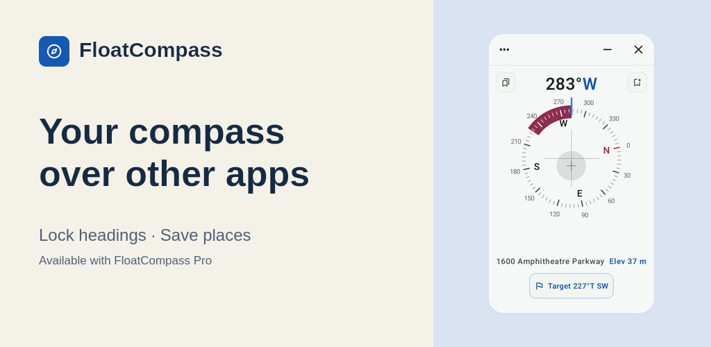 FloatCompass showing a heading and saved places